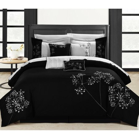 FIXTURESFIRST 33-91-Q-07-US Pink Floral Black & White Queen 12 Piece Bed in a Bag Embroidered Comforter Set FI2196745